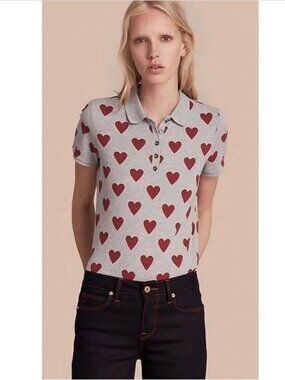 Burberry Brit Heart-Print Jersey Polo / Small Grey Parade Red Cotton Stretch